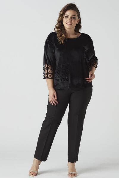 Moda Alba Μαύρες τσέπες με στάμπα τριών τετάρτων Γυναικεία κομψή βελούδινη μπλούζα