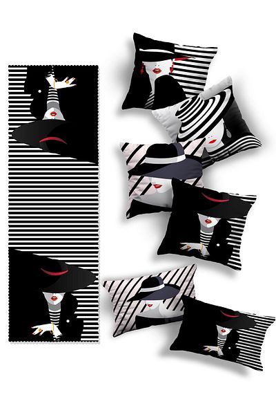 Skhome Double Sided Printed Special Design 4square and 2rectangular Throw Pillow Cover and Runner Set(4K2D-R-KOM248)