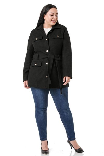 DISENTIS MODEST Large Size Shirt Collar Flap Pocket Belted Lined Black Stamp Coat