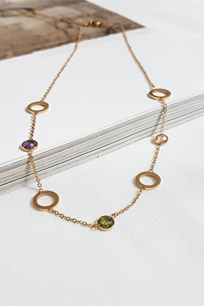 SEVİLLE AKSESUAR Çelik Renkli Taşlı Gold Halka Kolye