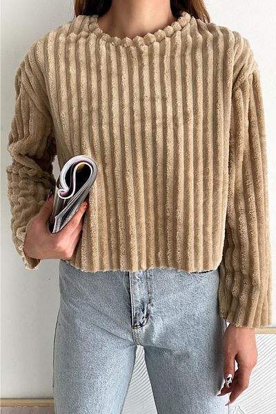 FEMELLE Weicher Pullover aus Plüschstoff in Standardgröße für Damen in Beige
