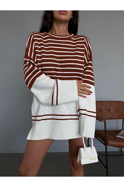 LB Laluna Butik Дамска туника с овъглено деколте и страничен цеп, кафява, екрю, на райета
