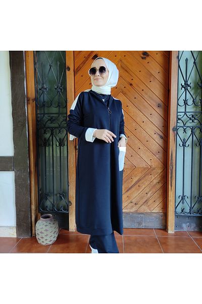 AYSUN AYDEMİR Navy Blue and White Pocket Hijab Tracksuit Set