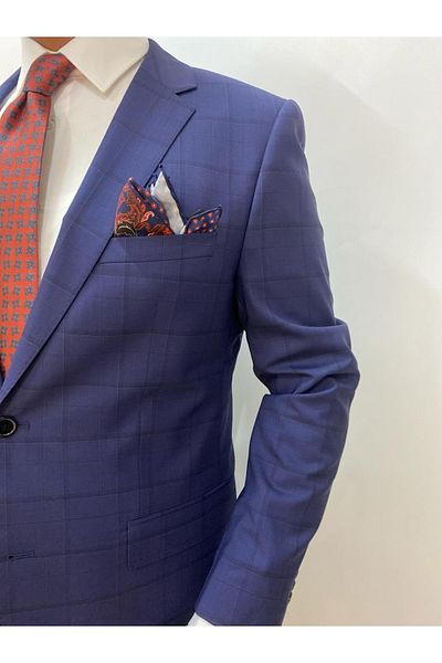 Sarar Wool Woven Double Slit Navy Blue Plaid Classic Fit Suit