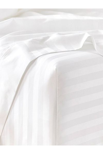 CAQQA White Cotton Striped Satin Elastic Sheet Set + Pillow Case
