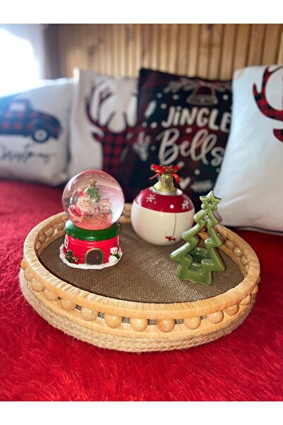 Süs Dükkanı Dekoratif Ahşap Sepet Hasır Sunumluk Tepsi Modeli Çap 27 Cm