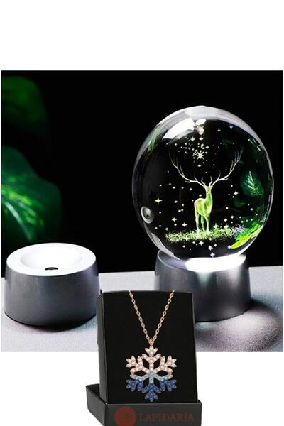 Lapidaria Geyik Temalı Işıklı 3d Led Işıklı Cam Küre Ve Mavi Kartanesi Kolye
