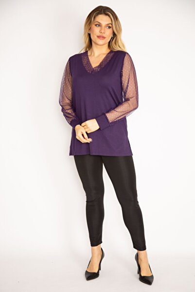 Şans Női nagy méretű szilva gallér és ujjú ezüstös tüll blúz 65n35185