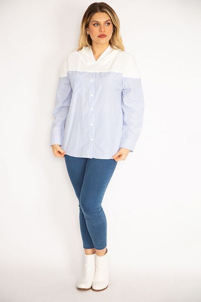 Şans Women's Large Size Blue Front Buttoned Hooded Sports Shirt Tunic 65n35184