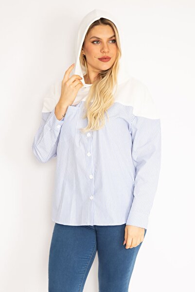 Şans Tekstil Women's Blue Front Buttoned Hooded Sports Shirt Tunic 87m35184