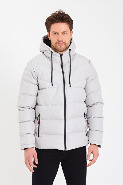 Rompasso Ανδρικό φουσκωτό παλτό Modonwear ανοιχτό γκρι με γούνα στο εσωτερικό και αντιανεμικό