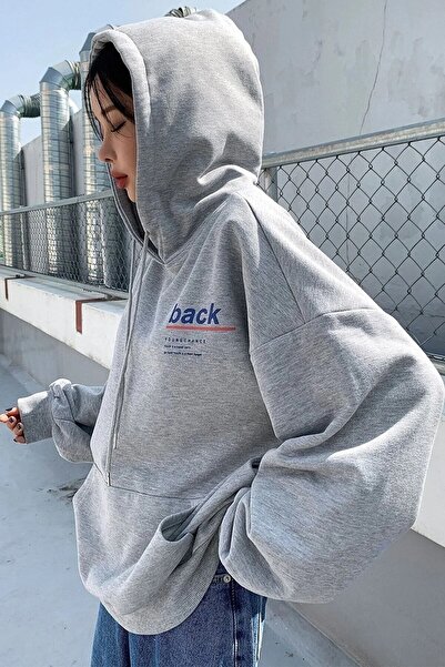 Trend Sizde Unisex Gray Front and Back Printed Hooded Sweatshirt