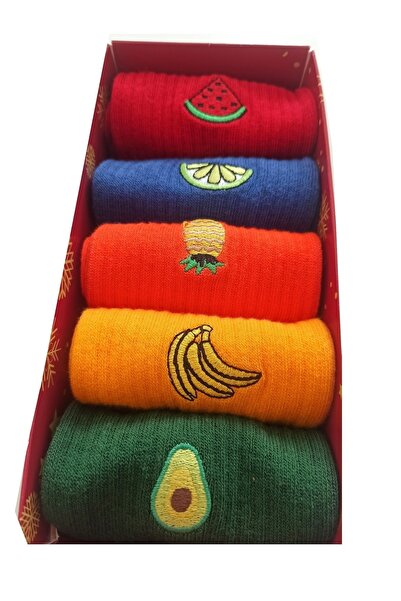 Sanathobi Fruit Embroidered Socks, Cute Socks, Embroidered Socks, Unisex Socks 5 Pairs No:2