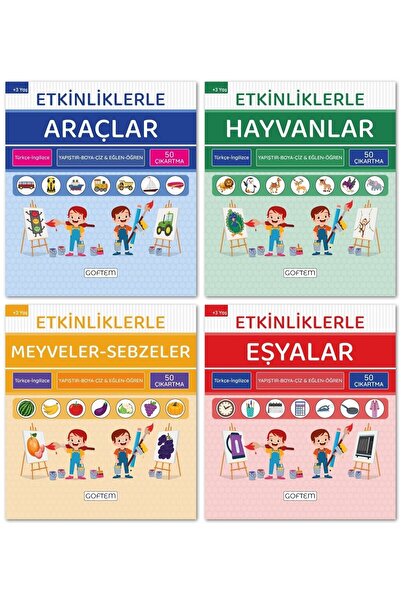 GOFTEM Etkinliklerle Öğreniyorum Seti - Türkçe Ingilizce - 200 Çıkartma - 96 Sayfa - 4 Kitap Aktivite Seti
