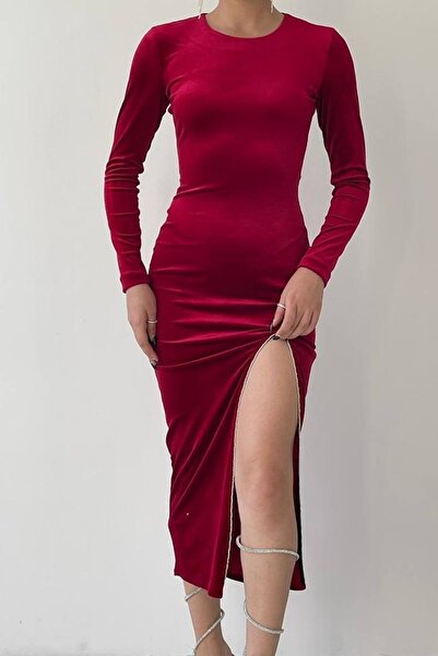 lovebox catifea Rochie de seară midi din țesătură guler rotund cu mânecă lung...