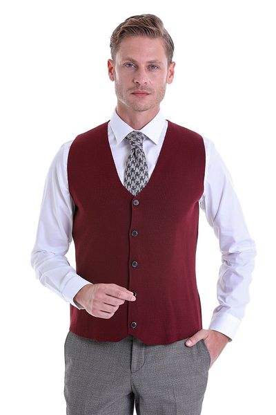 Hatemoğlu Claret Red Comfort Fit Plain V-Neck Woolen Classic Knitwear Vest