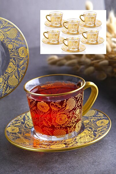 WuuQ Lüx - Nescafe Ve Çay Seti Fincanı Desenli Gold Renk - 12 Parça