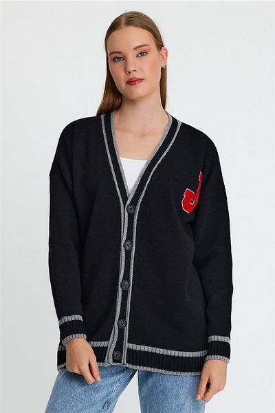 Tarz Cool Cardigan negru cu nasturi brodat pentru femei-ktrz8184r03s