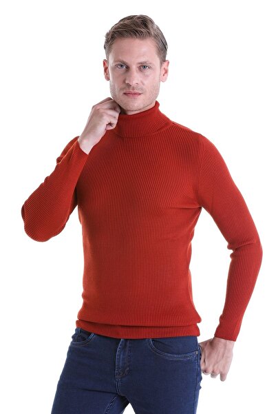 Hatemoğlu Orange Comfort Fit Ribbed Turtleneck Wool Wool Sweater