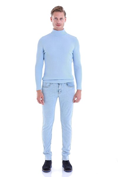 Hatemoğlu Mavi Comfort Fit Fitilli Balıkçı Yaka Yünlü Yün Kazak