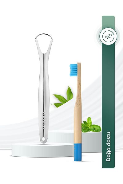 TBRUSH Blue Natural Bamboo Vegan Toothbrush - Soft (soft) + Stainless Steel Tongue Cleaner