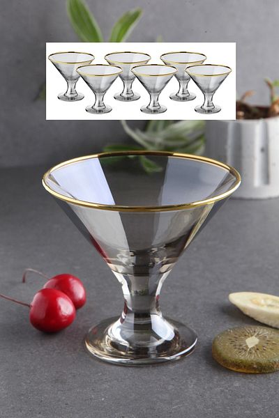 WuuQ Luxury - Glass 6-Piece Footed Magnolia, pudding, ice cream and snack Bowl Cup Set - Smoked Gold Color