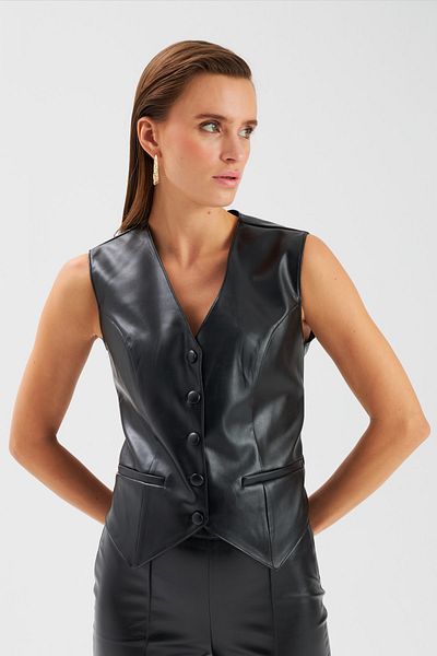 Sateen Button Detailed Leather Vest - Black