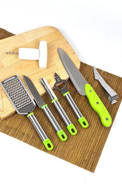 Binbirreyon 7 Pieces Kitchen Set Kitchen Tools Set Knife Grater Shotter Opener Set Stainless Steel Ra155
