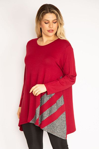 Şans Women's Large Size Claret Red Glitter Detailed Tunic 65n35186