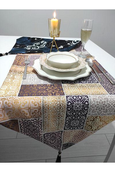 Benlisso Home Benlisso Runner cu două fețe, țesătură anti-pete cu ciucuri, aurire și plasture