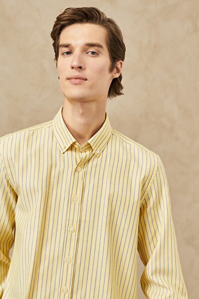 ALTINYILDIZ CLASSICS Erkek Sarı-lacivert Slim Fit Dar Kesim Düğmeli Yaka Çizgili Gömlek