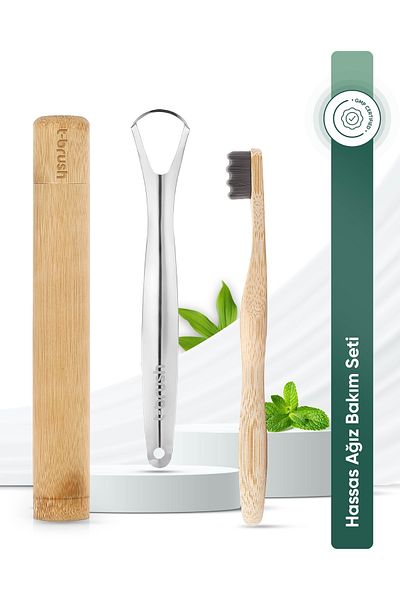 TBRUSH Nano Dark Gray Bamboo Toothbrush - Ultra Soft + Stainless Steel Tongue Cleaner + Toothbrush Cup