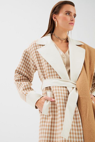 Sateen Leather Detailed Houndstooth Coat - Camel
