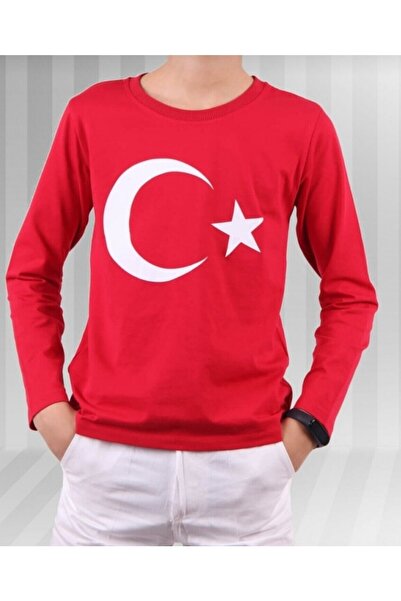 KARAMANSTYLE Kırmızı Türk Bayrağı Baskılı Uzun Kollu Penye Tşört 23 Nisan 29 ...