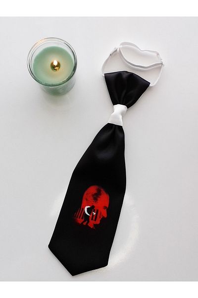 GallanD Black Wide Satin Ataturk Printed Children's Special Tied November 10 Tie