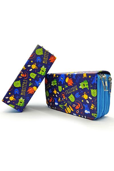 Limmy Μολυβοθήκη Monster Cute Monsters Kawai Organizer Θήκη μολυβιών Vegan Δερμάτινη θήκη για στυλό τριών διαμερισμάτων