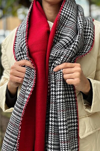 Axesoire 15028 Çift Taraflı Ekose Desenli Kırmızı Kalın Şal