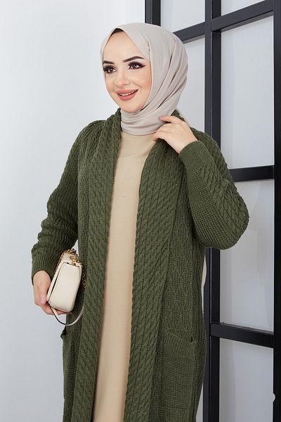 Pamuk Butik Γυναικεία πλεκτή ζακέτα με γιακά σάλι Χακί με λεπτομέρεια πλεκτή τσέπη
