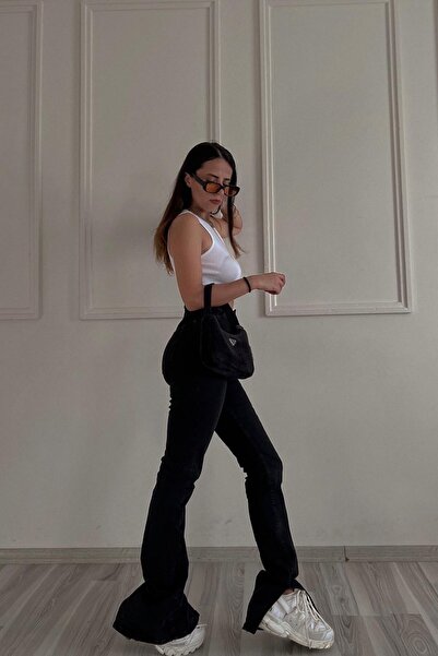 MAKRAS EXCLUSIVE Ψηλόμεσο με σκίσιμο μαύρο εσωτερικό με σκίσιμο ποδιού Flare ...