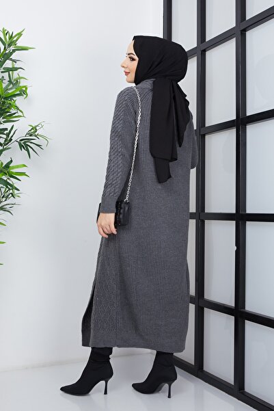 Pamuk Butik Γυναικείο γιακά με σάλι ανθρακί πλεκτό Λεπτομερές πλεκτό ζακέτα τσέπης