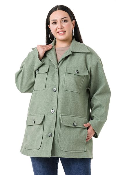 DISENTIS MODEST Large Size Shirt Collar Flap Pocket Lined Green Stamp Coat