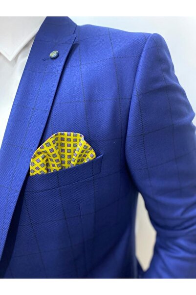 Sarar Interview Dokuma Ekose Lacivert Yelekli Slim Fit Takım Elbise