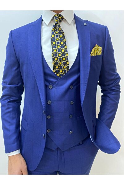 Sarar Interview Dokuma Ekose Lacivert Yelekli Slim Fit Takım Elbise