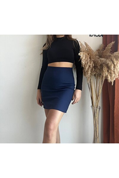 purple pi Kadın Kareli Lacivert Mini Etek