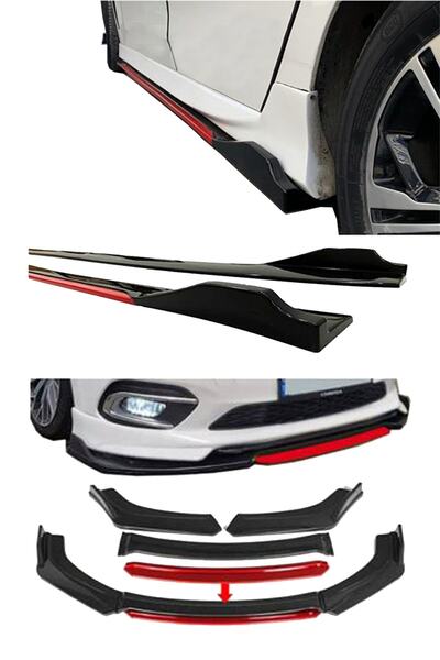 Sare Tuning Hyundai Accent Blue 2011 Sonrası Kırmızı Şeritli Yan Marşpiyel Eki Ve 4 Parça Ön Ek Piano Black Set