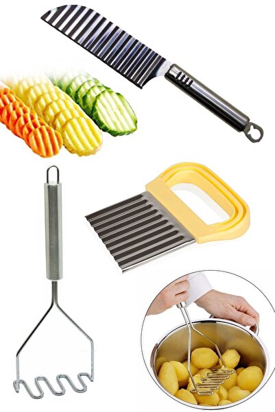 Kitchen Damys Şekilli Patates Bıçağı + Metal Patates Ezici + Meyve Sebze Doğr...