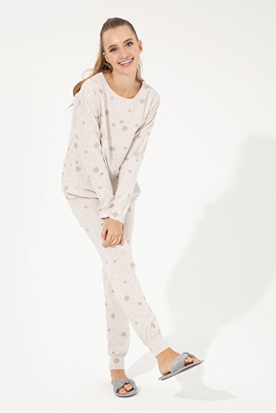 U.S. Polo Assn. Set de pijamale pentru femei, cu decolteu rotund, cu model, bej