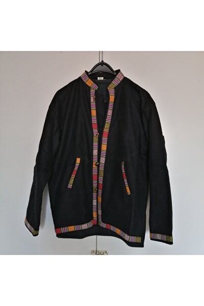 Butik Tülin Uniseks Otantik Yün Lacivert Renkli Biyeli Ahşap Düğmeli Pamuk As...