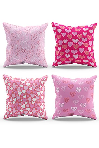 Moud's Çift Tarafı Baskılı Kalpler Desenli 4'lü Kombin Süet Kırlent Kılıfı