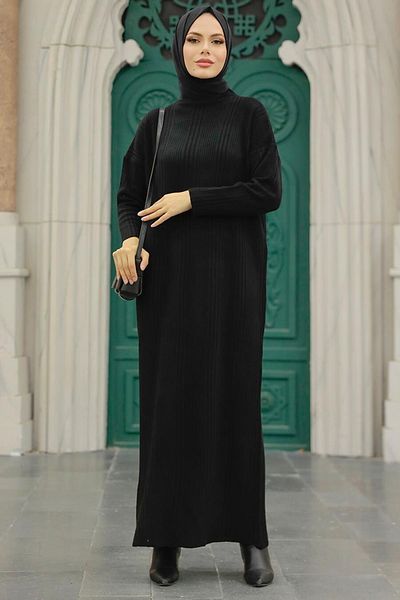 Neva Style - Rochie tricotată Hijab neagră cu guler înalt 34150s